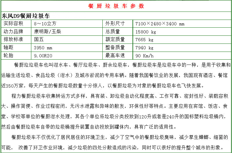 东风多利卡D9餐厨垃圾车配置参数